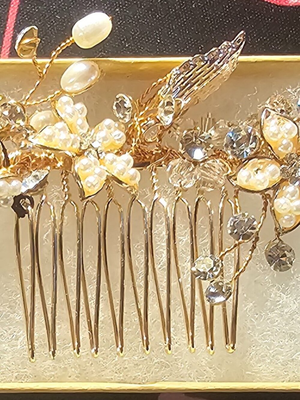 Mariell Rose Gold Crystal and Pearl Vine Hair Comb 5"W 3.25"H